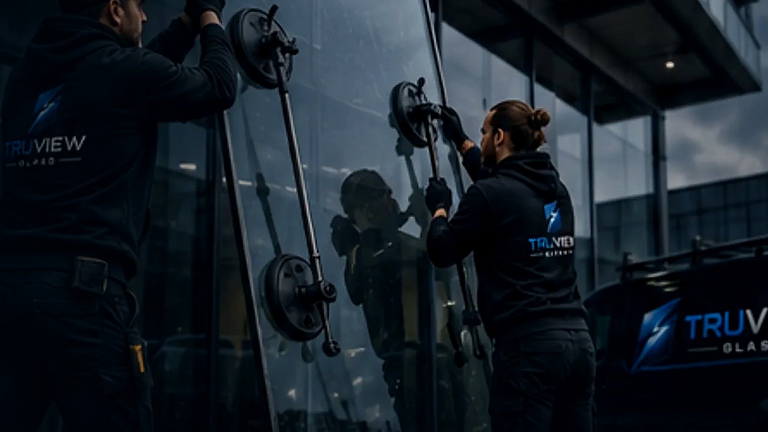 TruView Glass glaziers installing a large commercial glass panel