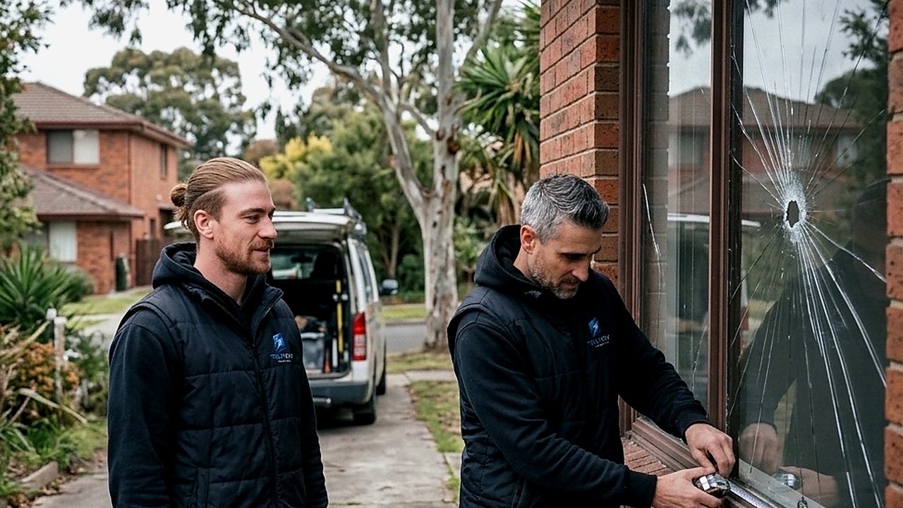 Jake and Kris from TruView Glass inspecting cracked residential window glass