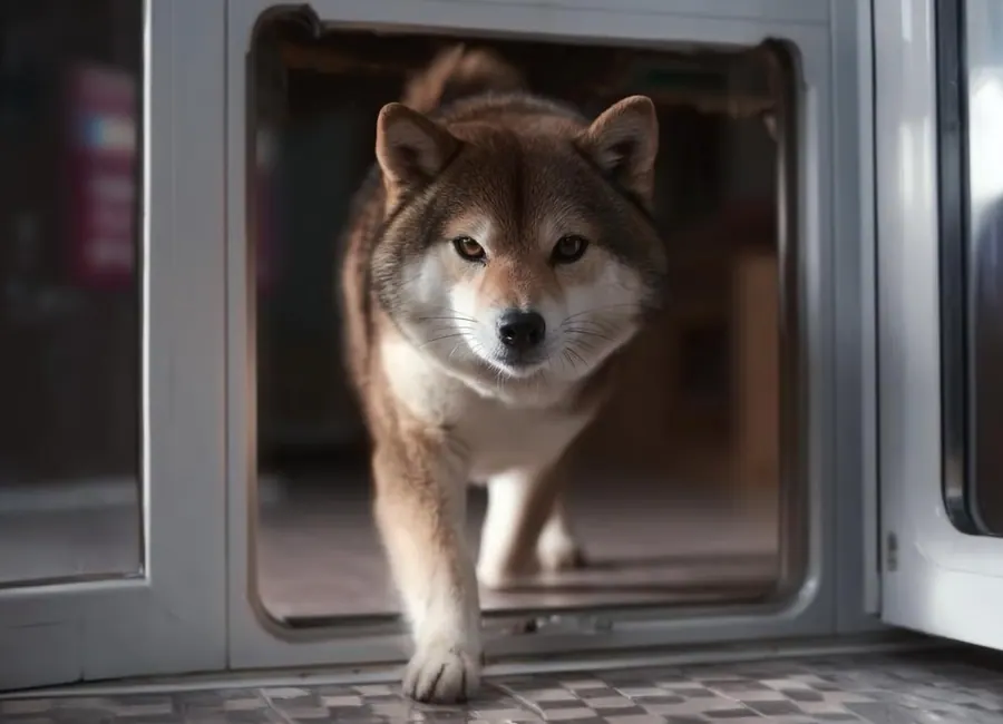 Pet door installed in glass with a Shiba Inu walking through